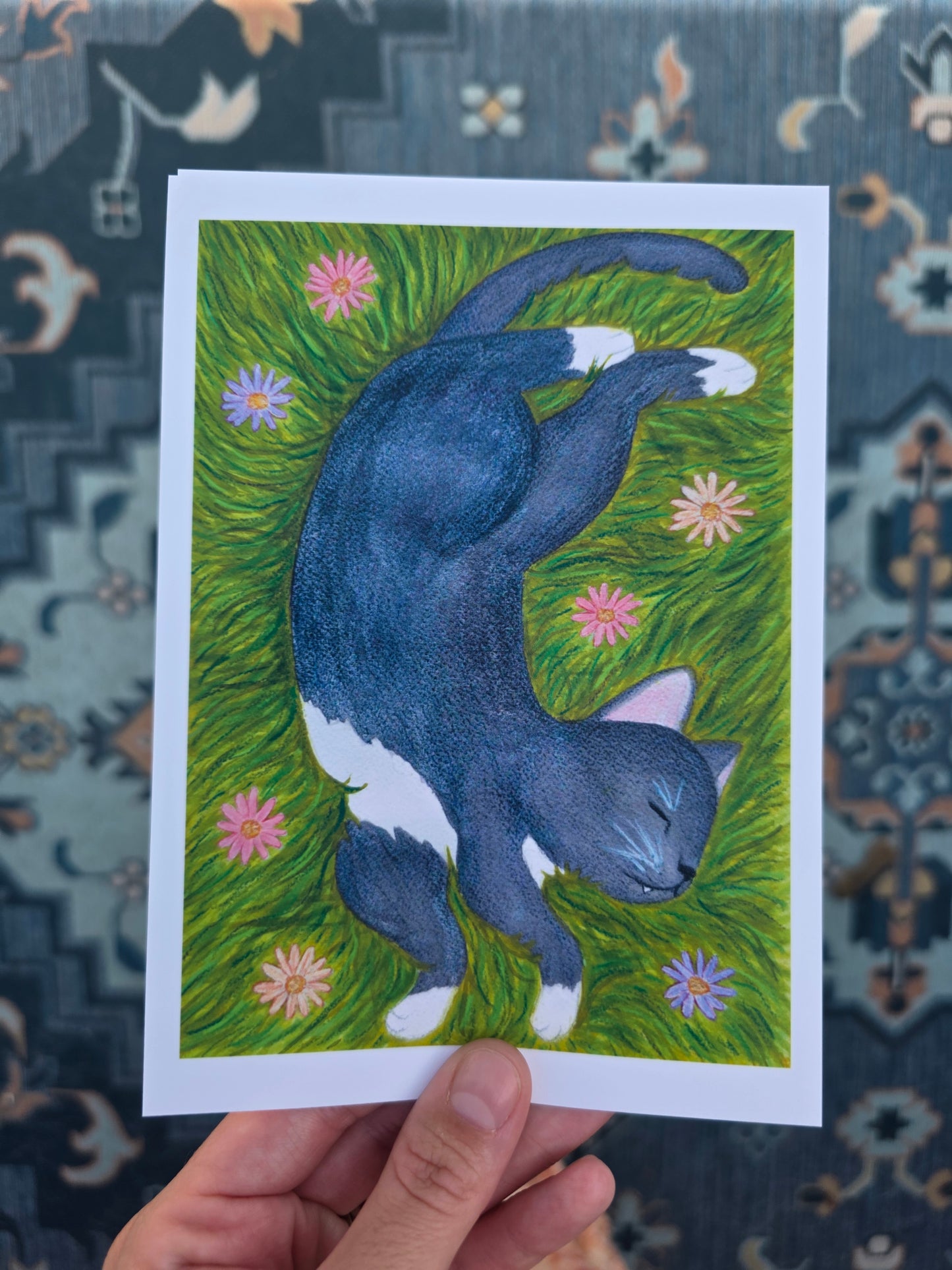 Cute Black Cat in Flowers - Wall Art Print