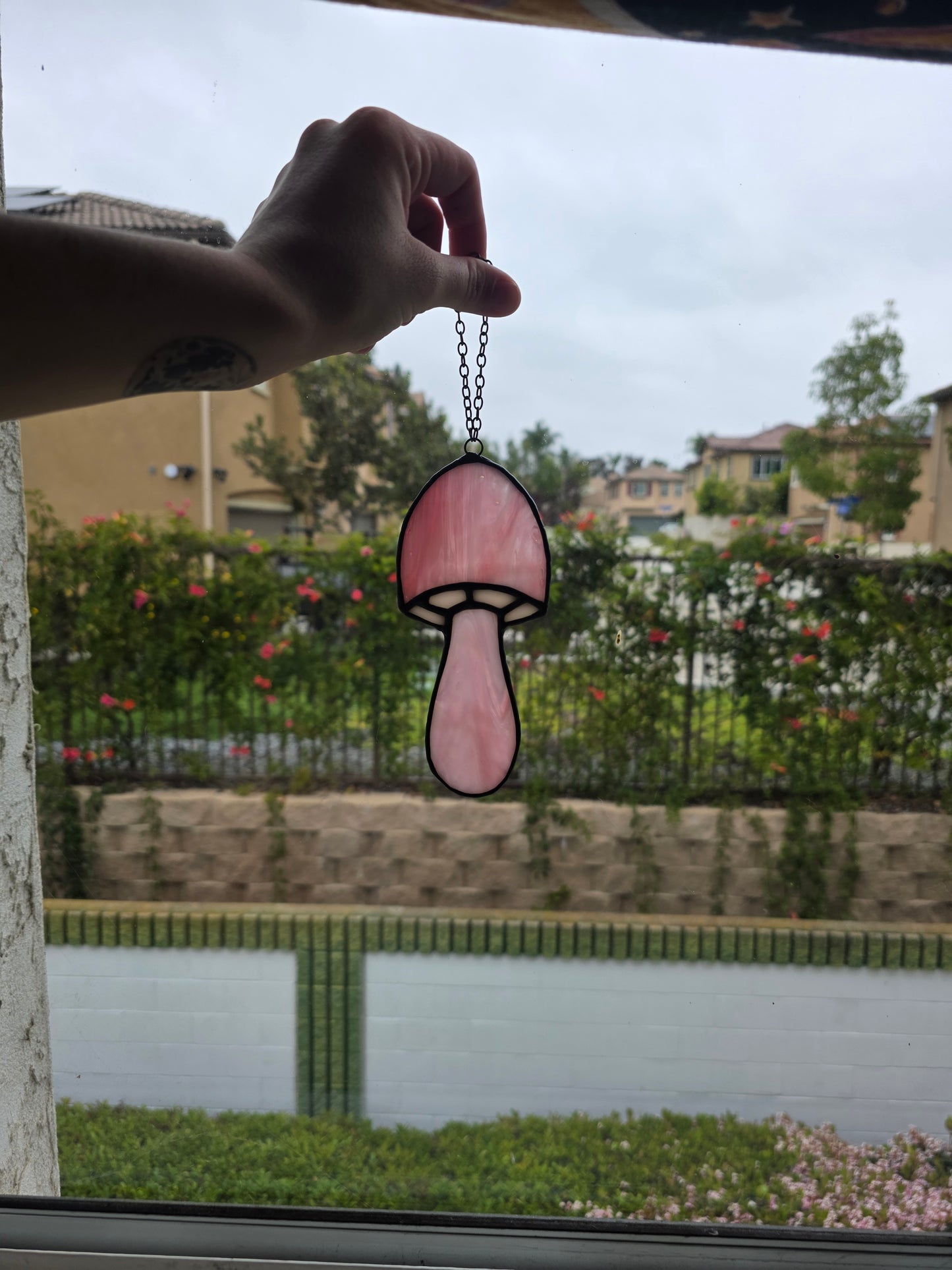 Pink and Daisy Mushroom Stained Glass