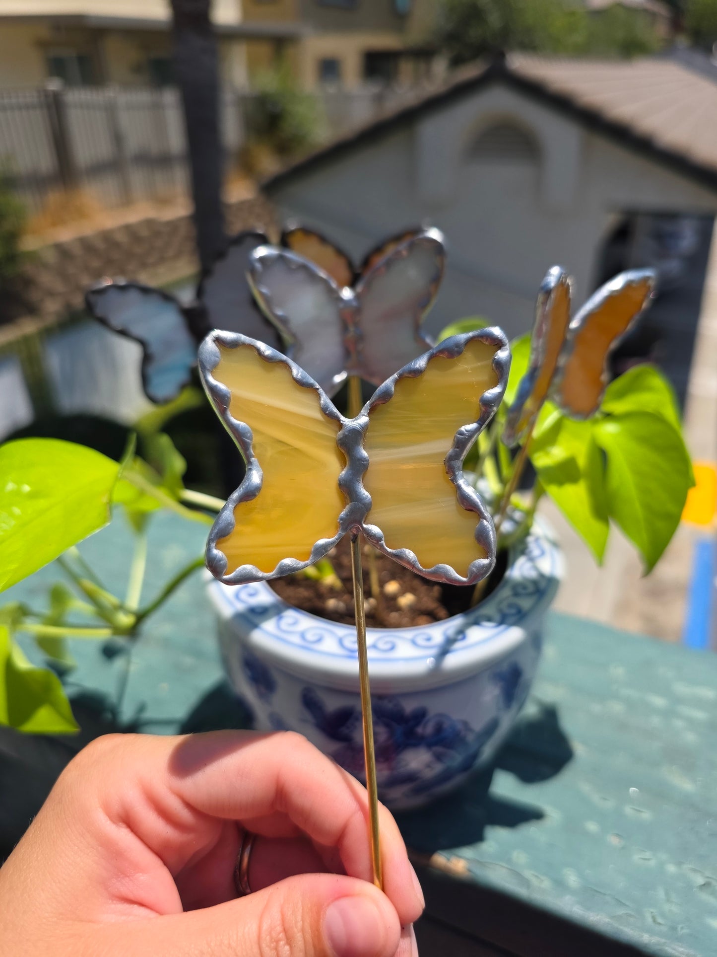 Stained Glass Yellow Butterfly Plant Stake