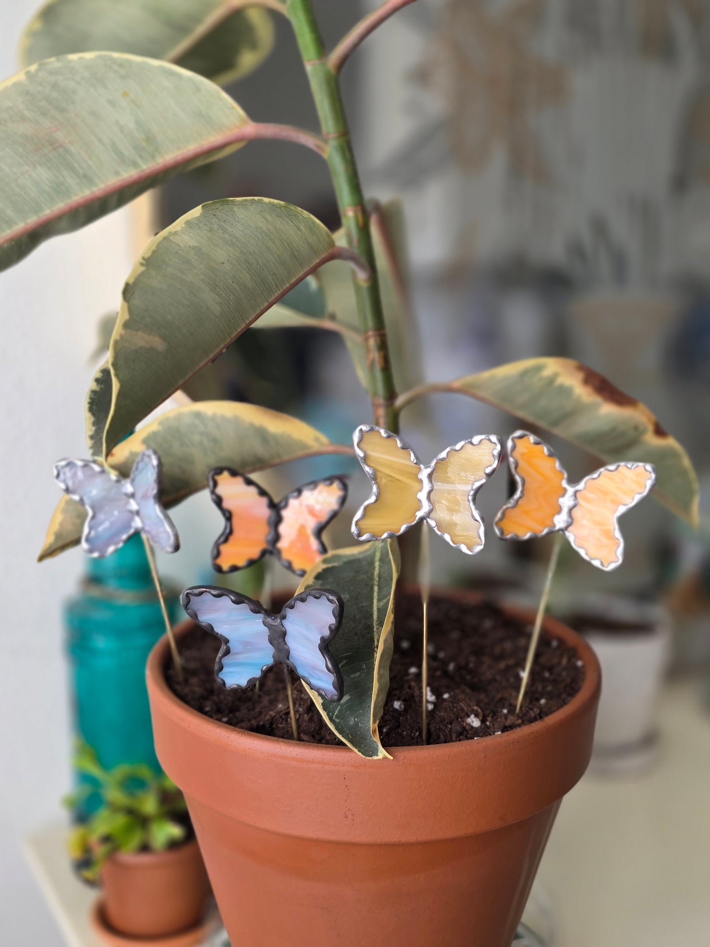 Stained Glass Yellow Butterfly Plant Stake