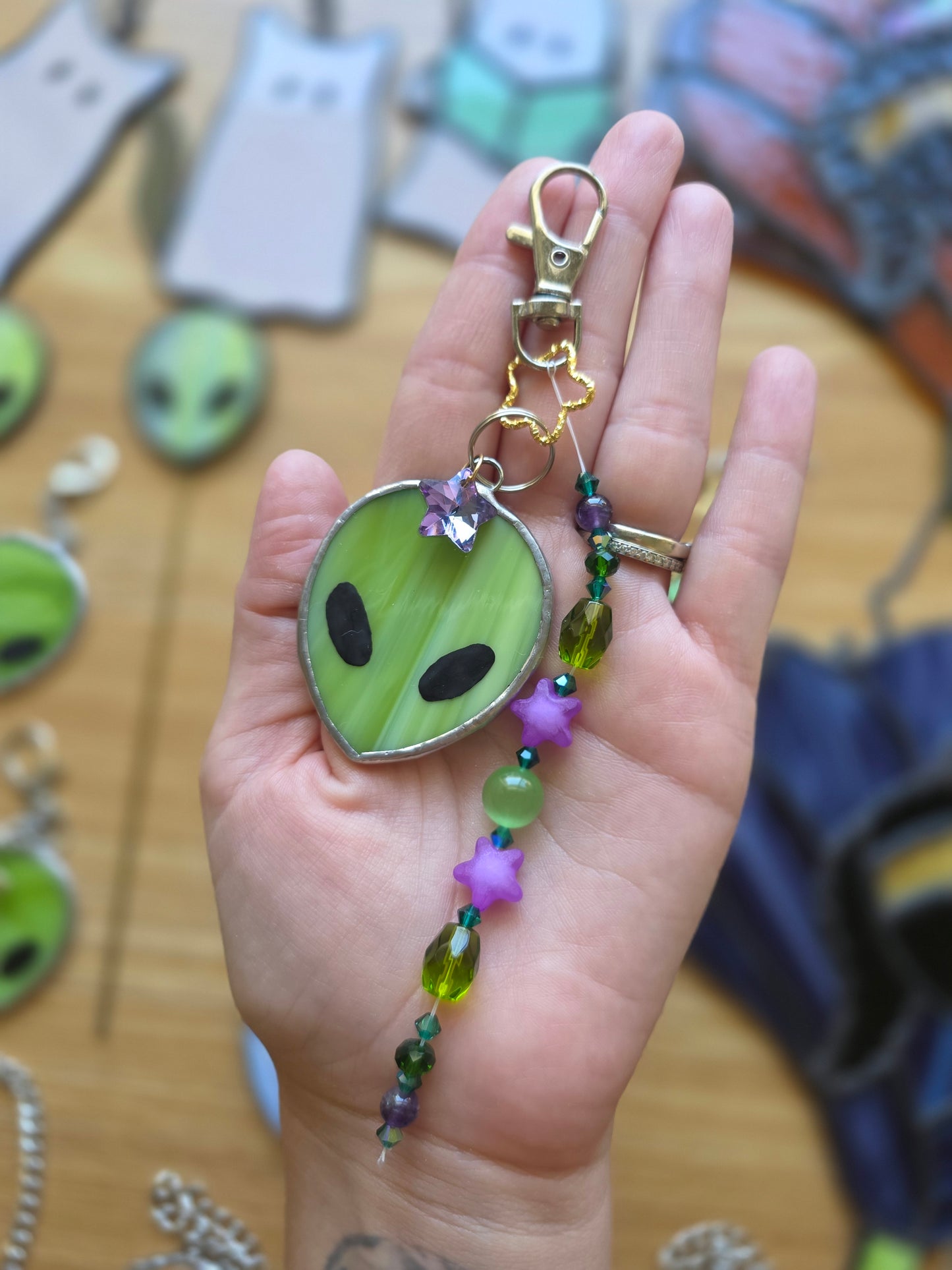 Stained Glass Beaded Alien Keychains