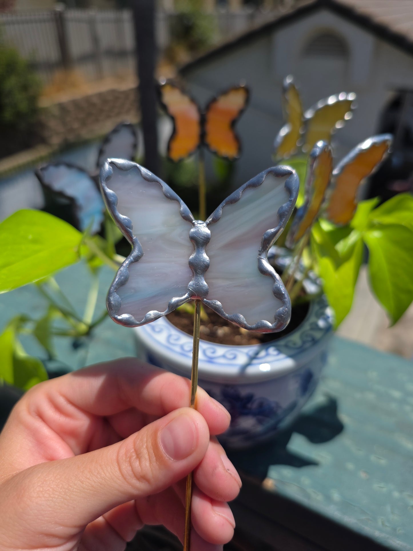 Purple/Silver Stained Glass Butterfly Plant Stake