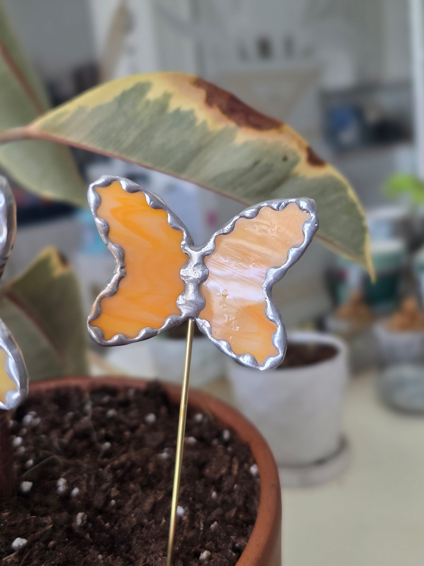 Orange/Silver Stained Glass Butterfly Plant Stake