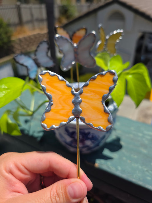 Orange/Silver Stained Glass Butterfly Plant Stake
